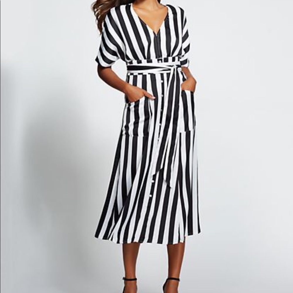 Black and white striped kimono midi dress